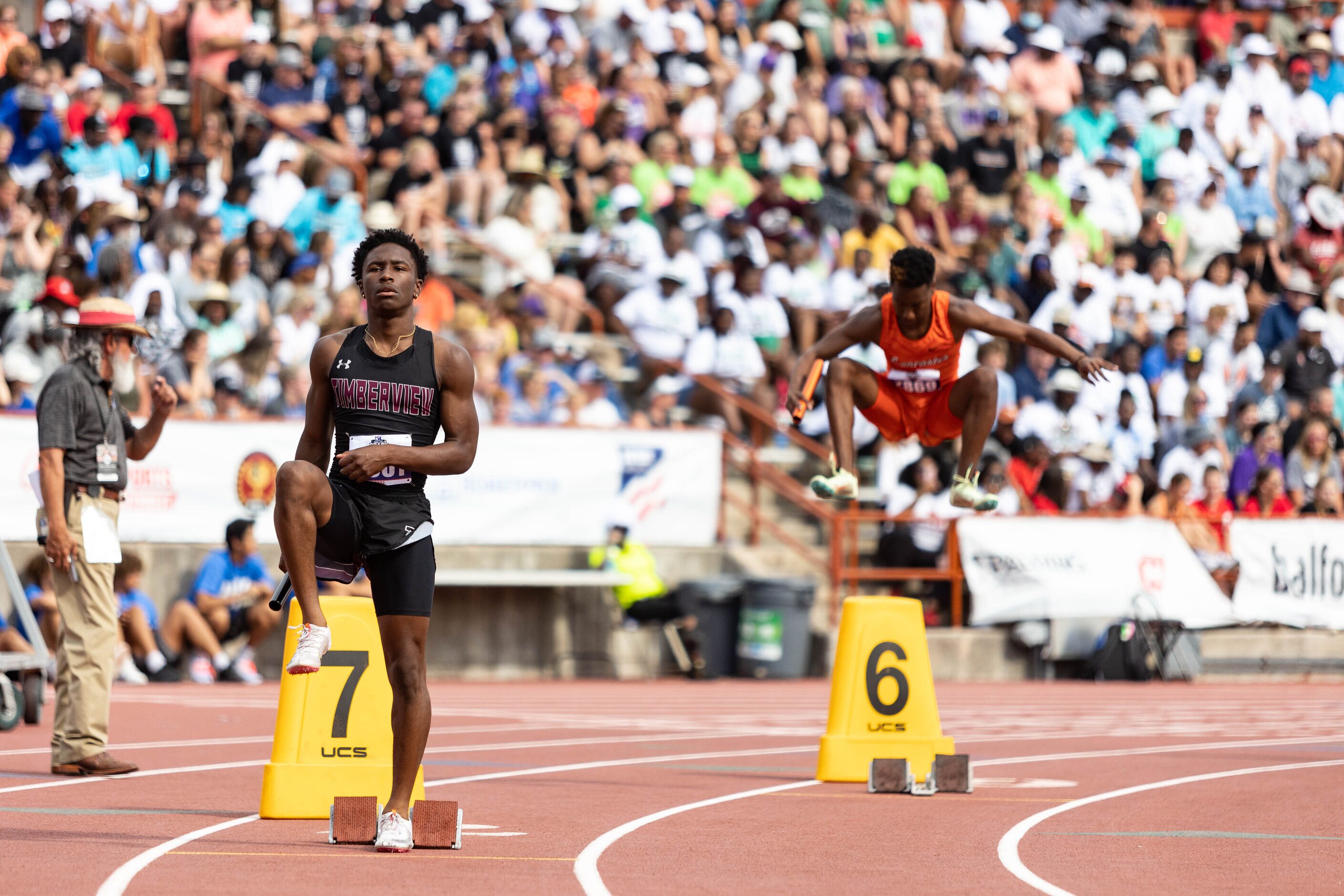 Cameron Bates of Mansfield Timberview prepares for the boys 4x100 relay at the UIL Track &...