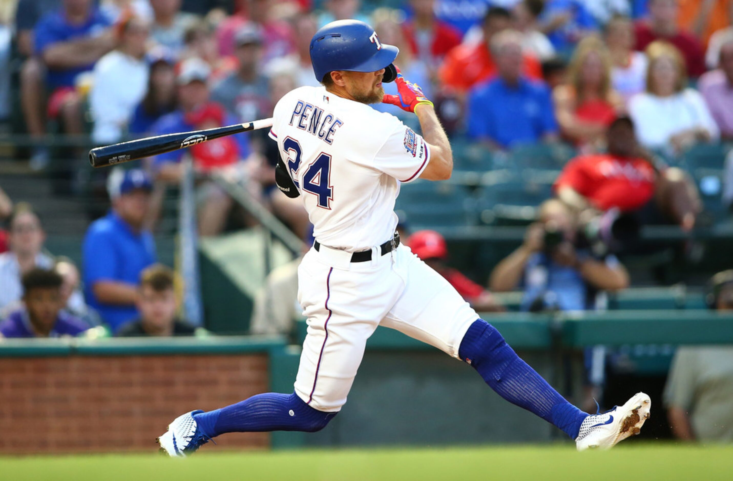 ARLINGTON, TX - JUNE 04:  Hunter Pence #24 of the Texas Rangers hits in the third inning...