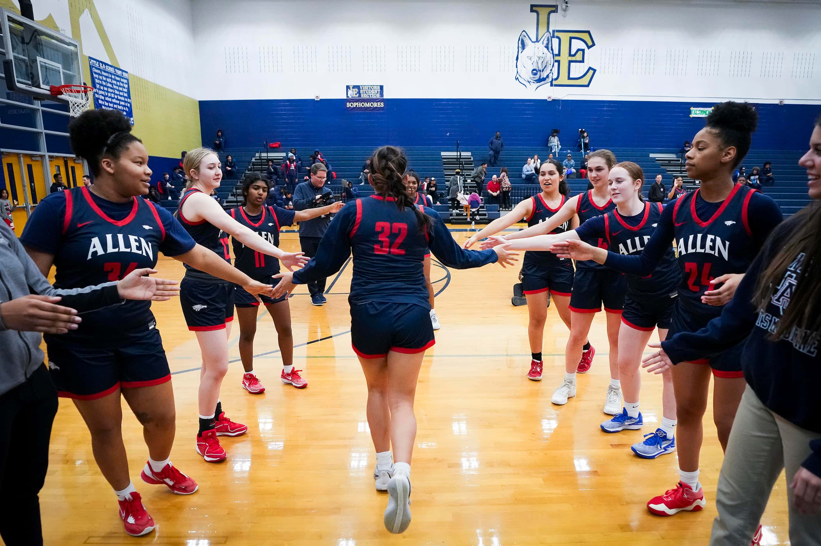 Allen forward Audrey Cline (32) takes the court before a District 5-6A girls basketball game...