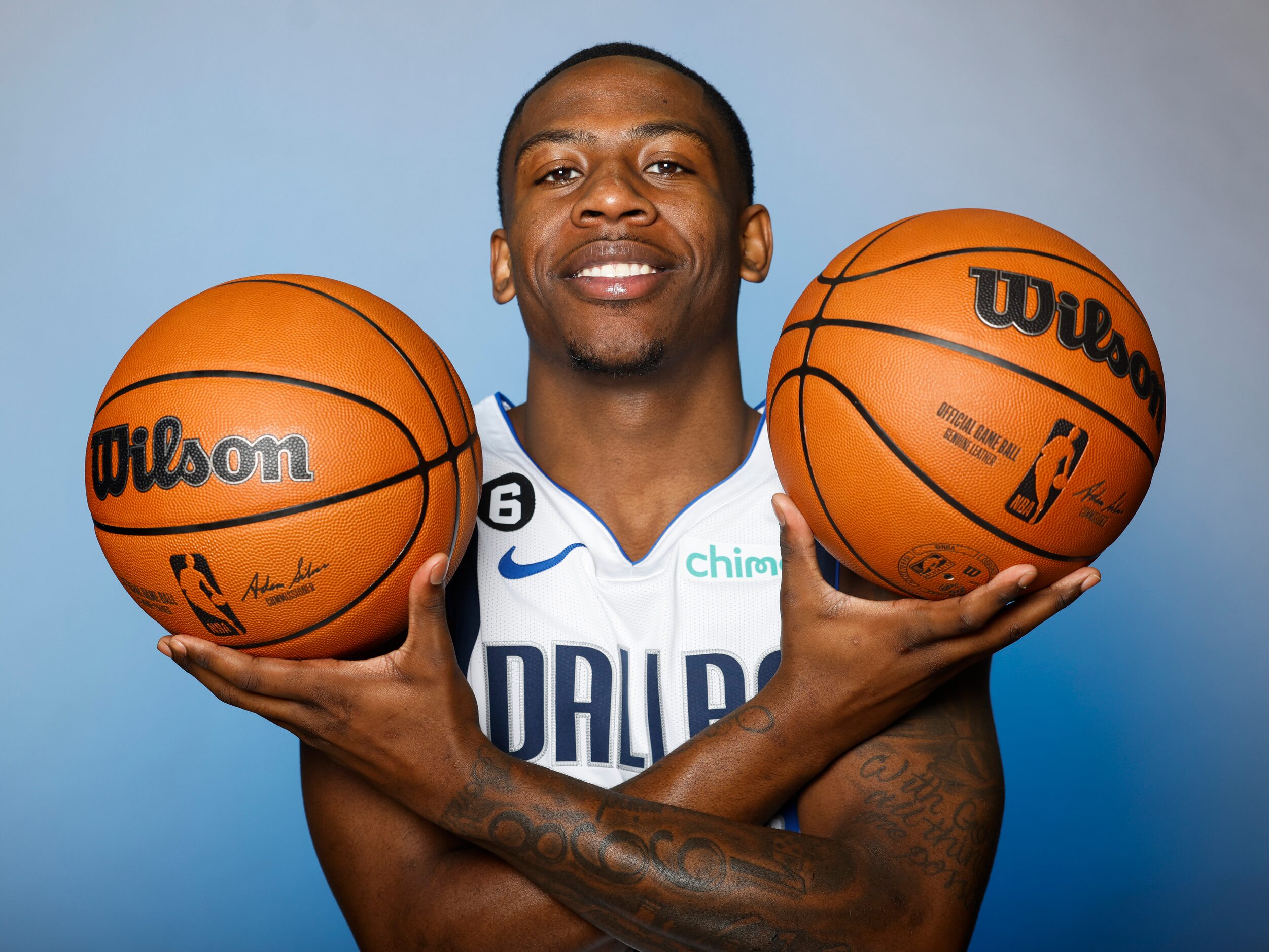 Dallas Mavericks’ McKinley Wright IV is photographed during the media day at American...