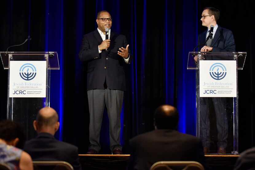 Dallas Mayoral candidates Eric Johnson, left, and Scott Griggs, participate in a Mayoral...