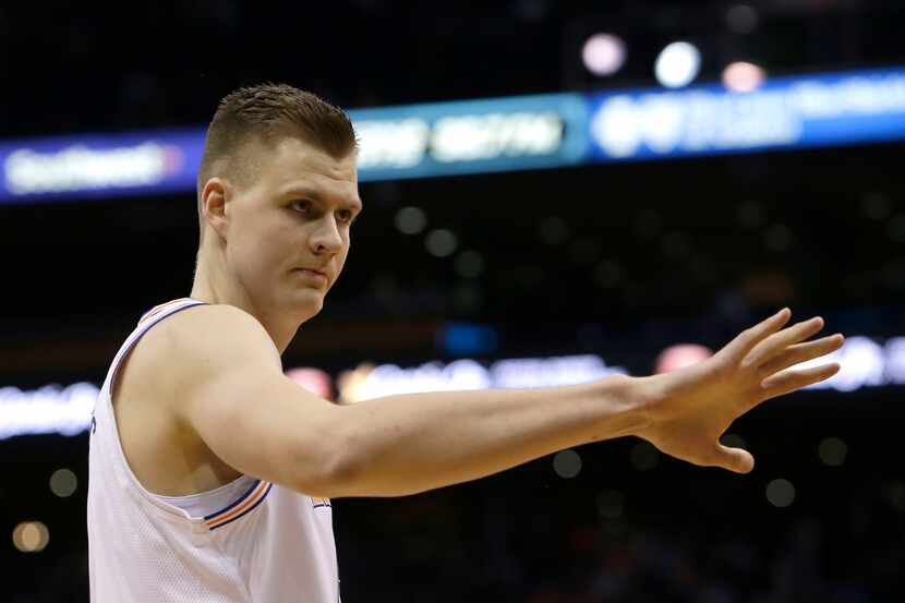 FILE - New York Knicks forward Kristaps Porzingis (6) in the first half during an NBA...