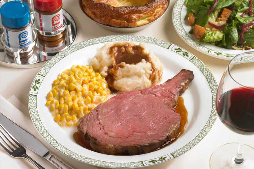 A popular order at Lawry's is its namesake prime rib with creamed corn and mashed potatoes....