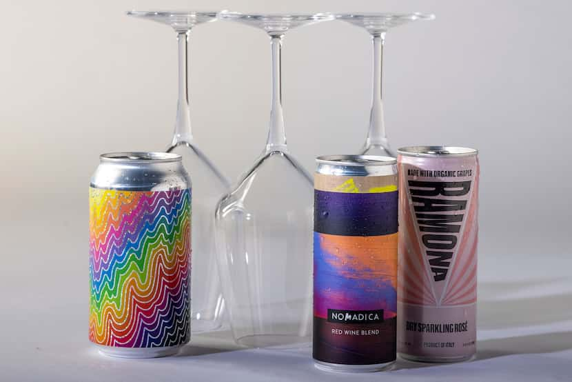 The wine panel’s selections of canned wines are photographed at The Dallas Morning News in...