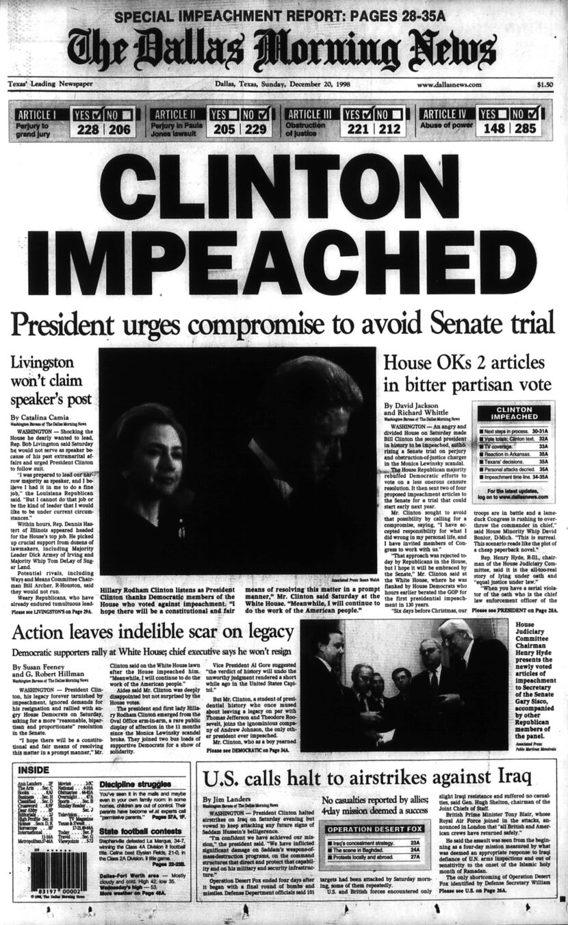 The Dallas Morning News front page from Dec. 20, 1998.