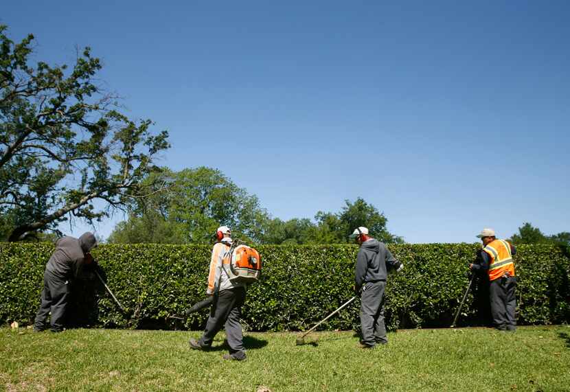 Workers from Precision Landscape Management trim up the entryway to a neighborhood in Lake...