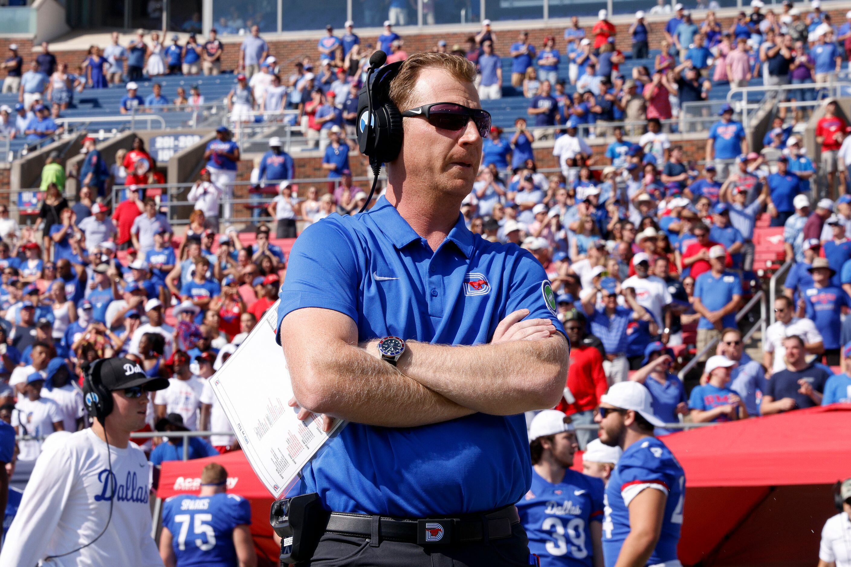 SMU head coach Rhett Lashlee stands along the sideline before a game against TCU at Ford...