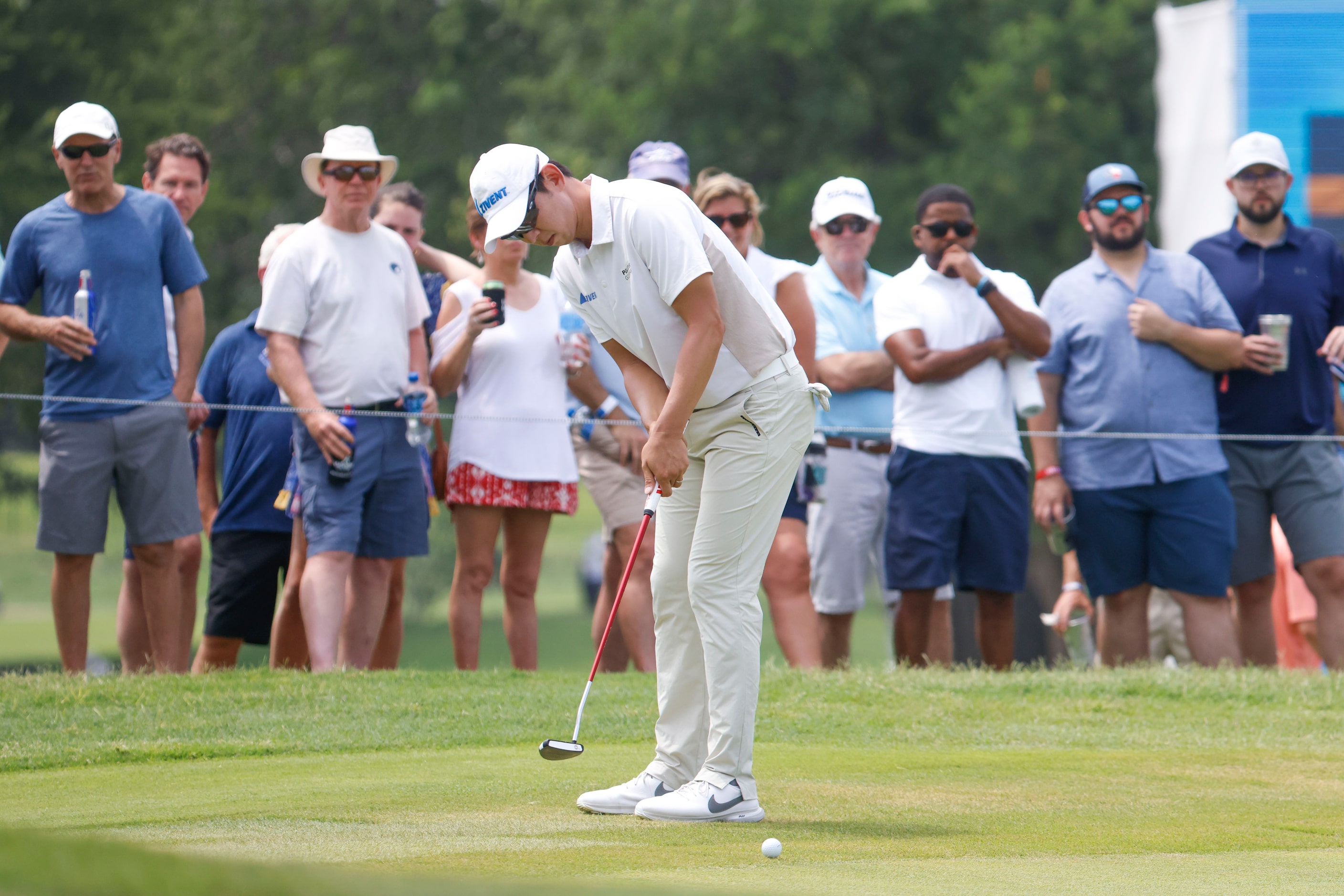 S.Y. Noh of South Korea putts on the 18th hole green during the second round of the AT&T...