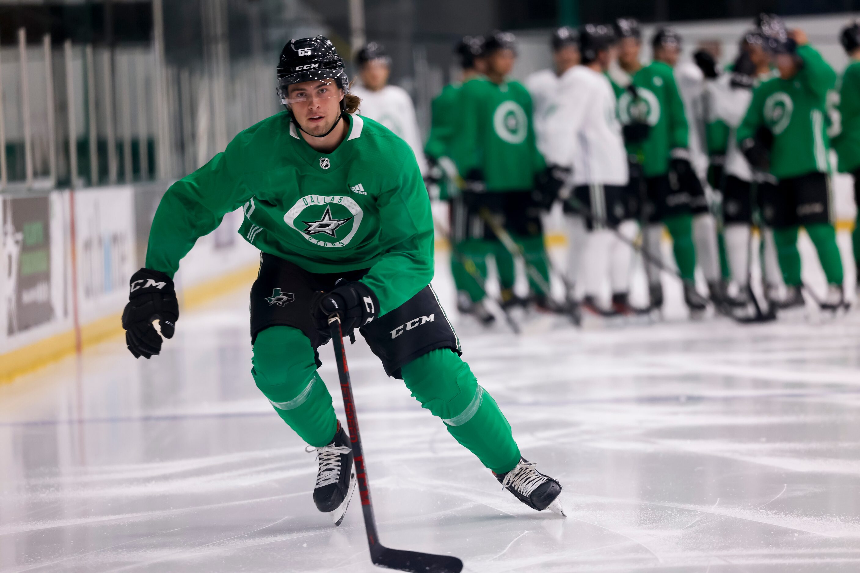 Dawson Barteaux (65) participates in a drill during the Stars’ annual development camp Group...