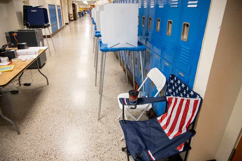 A chair featuring an an American flag pattern sits at the John F. Peeler Elementary School,...