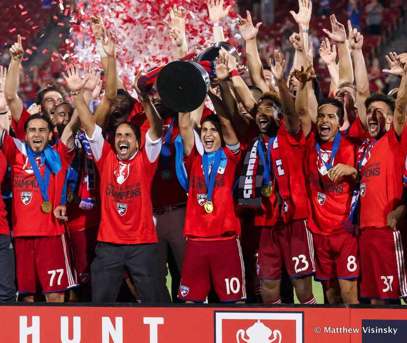FC Dallas celebrates winning the 2016 Lamar Hunt US Open Cup, the club's first title in 19...