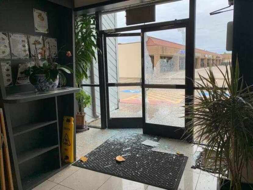 A glass door was smashed at Banh Cuon Thang Long restaurant in Garland.