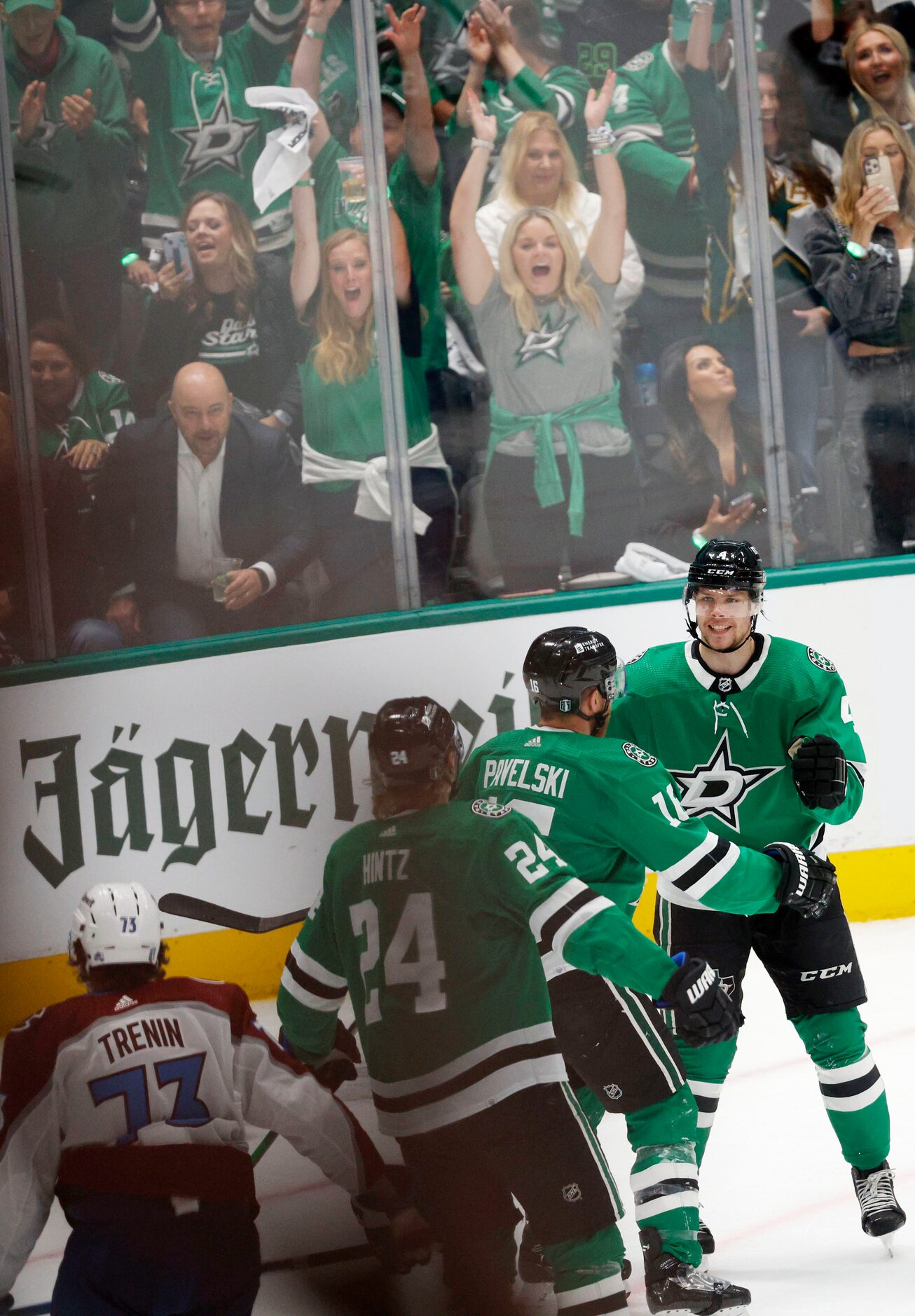 Dallas Stars defenseman Miro Heiskanen (4), right, celebrates with his teammates Dallas...