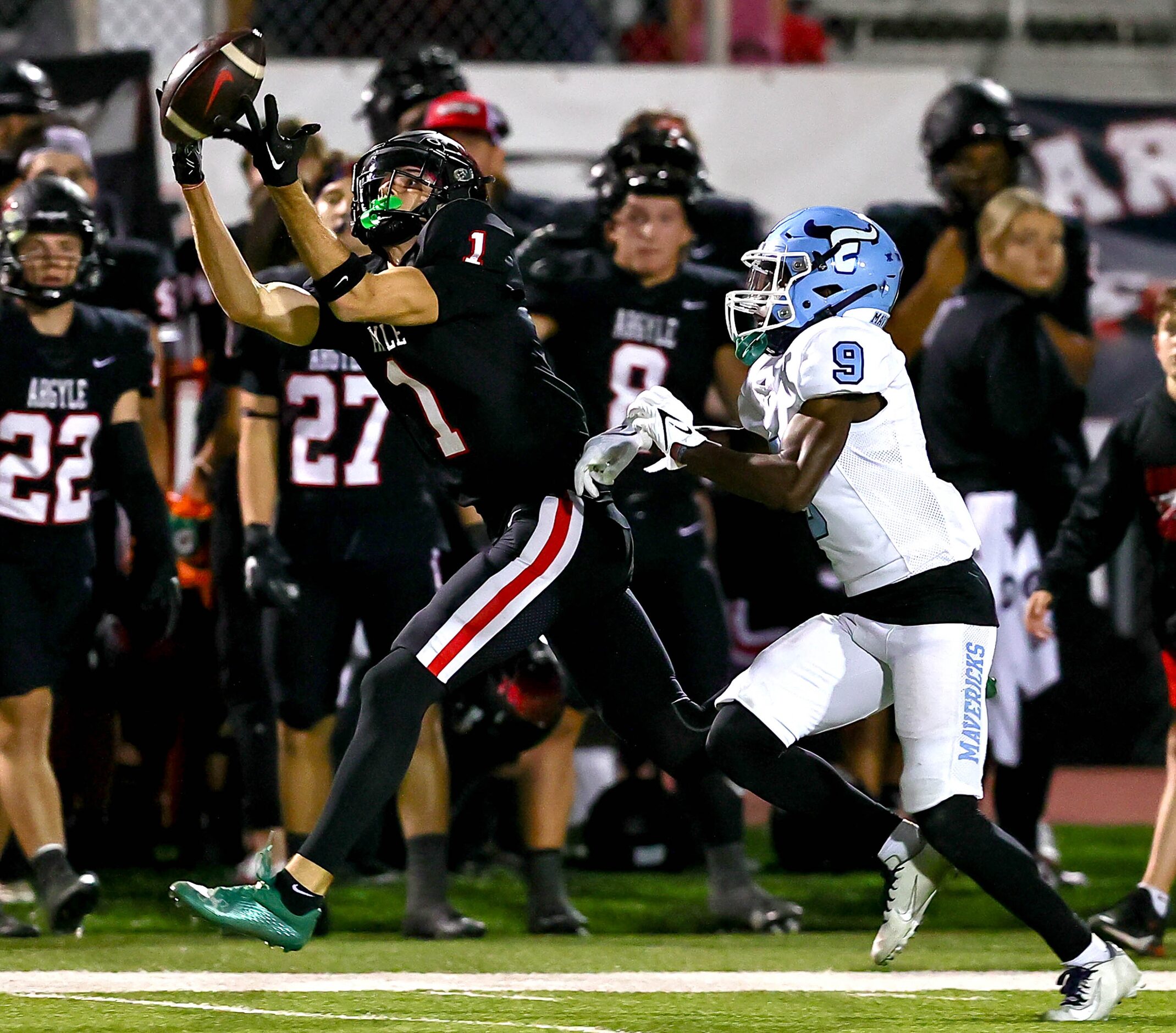 Argyle wide receiver Will Krzysiak (1) hauls in a nice reception against Frisco Emerson...