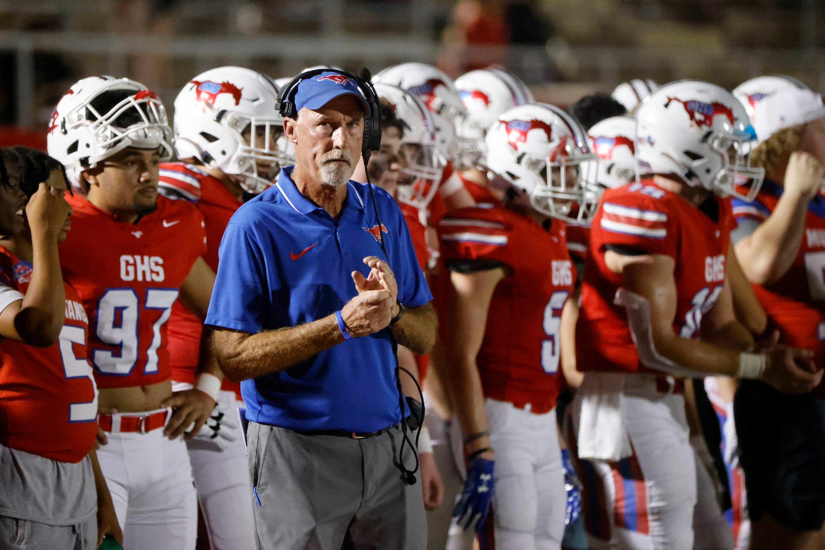 Grapevine head coach Bob Debesse and on the sideline as they played Frisco Wakeland during a...