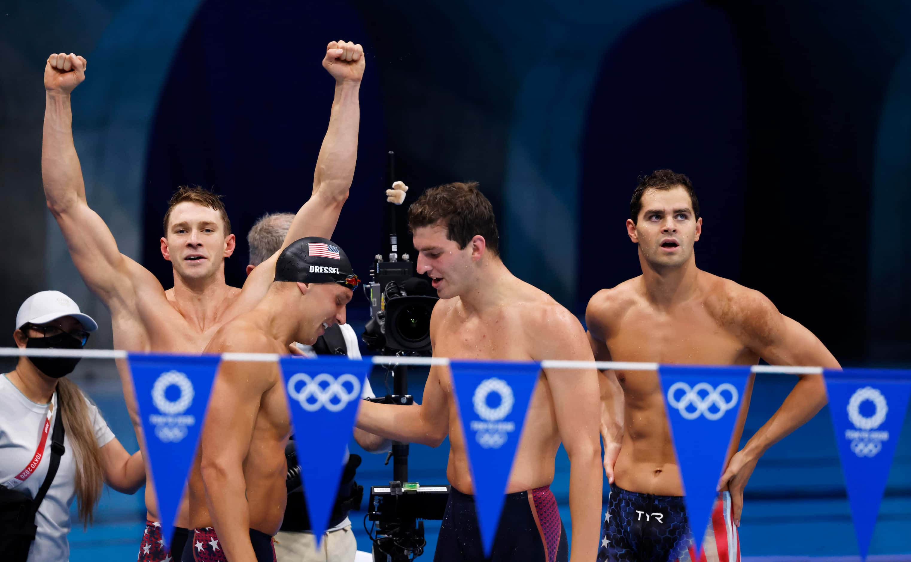 (Left to right) USA’s Ryan Murphy, Caeleb Dressel, Zach Apple and Michael Andrew celebrate...