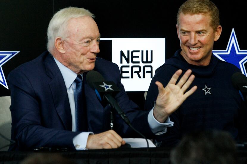Head Coach Jason Garrett laughs as Cowboys Owner Jerry Jones talks about the upcoming NFL...