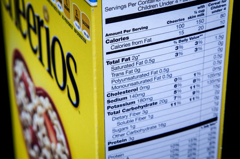 This Jan. 24, 2014 file photo shows the nutrition facts label on the side of a cereal box in...