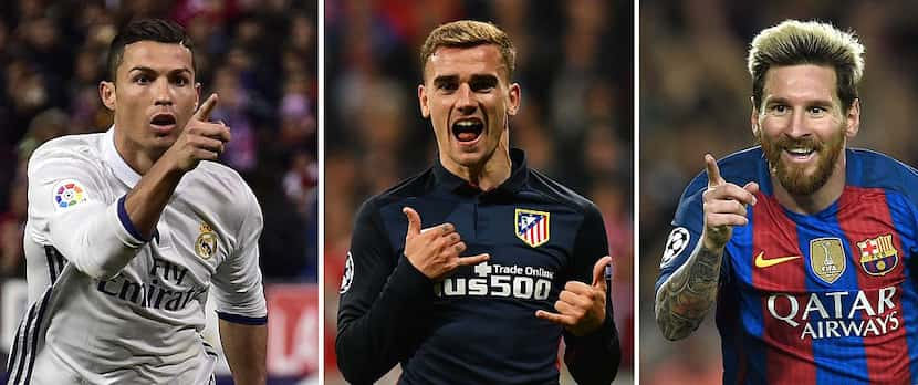 Los tres finalistas. CR7, Griezmann y Messi. GETTY IMAGES