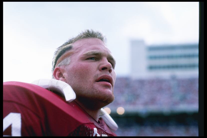 1985:  Defensive lineman Brian Bosworth of the Oklahoma Sooners stands on the sidelines...