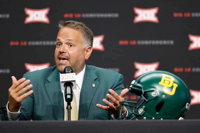 FILE - In this July 6, 2019, file photo, Baylor head coach Matt Rhule speaks during Big 12...