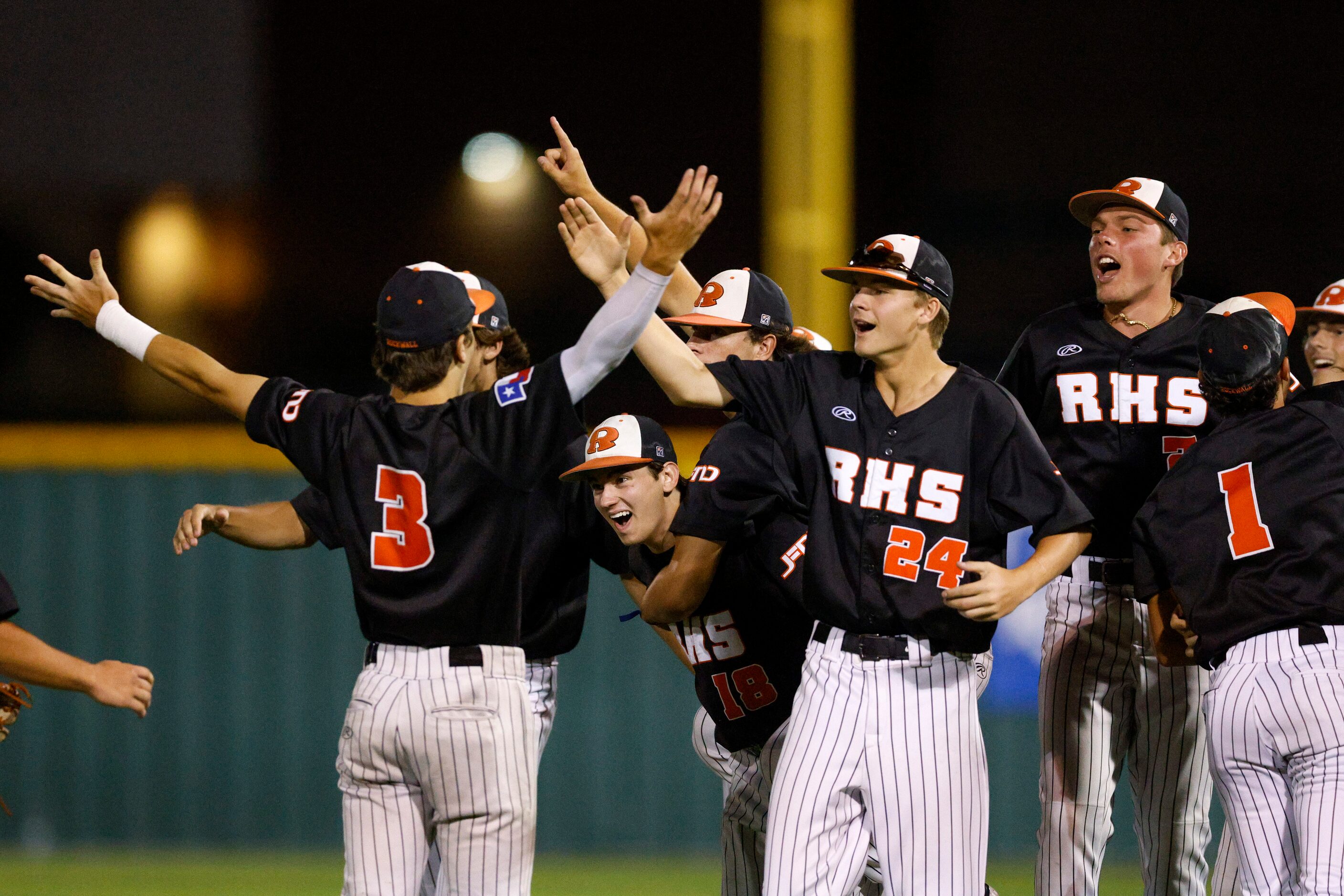 Rockwall celebrates after winning a Class 6A Region II quarterfinal in Forney, Texas,...