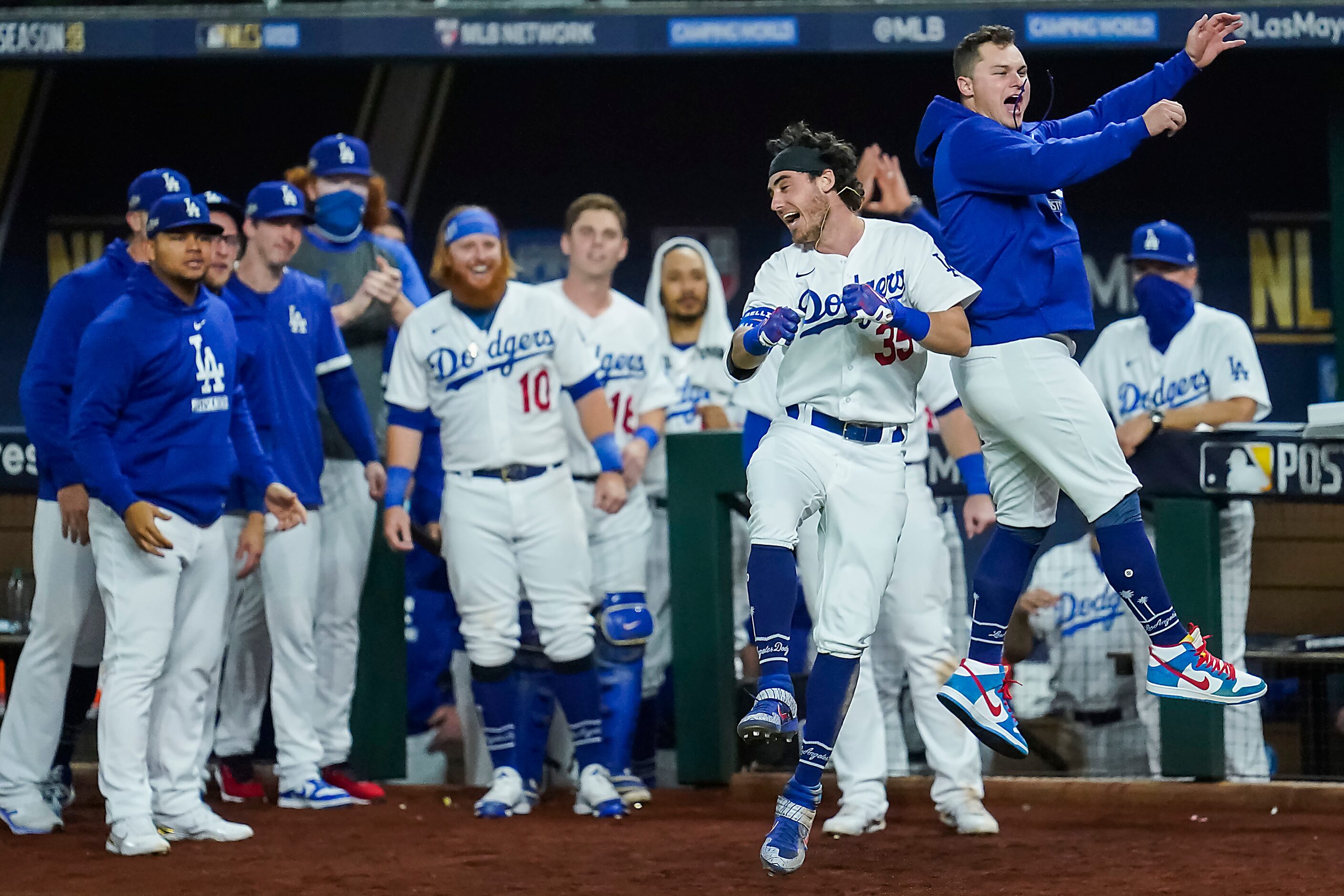 Los Angeles Dodgers center fielder Cody Bellinger (35) celebrates with designated hitter Joc...