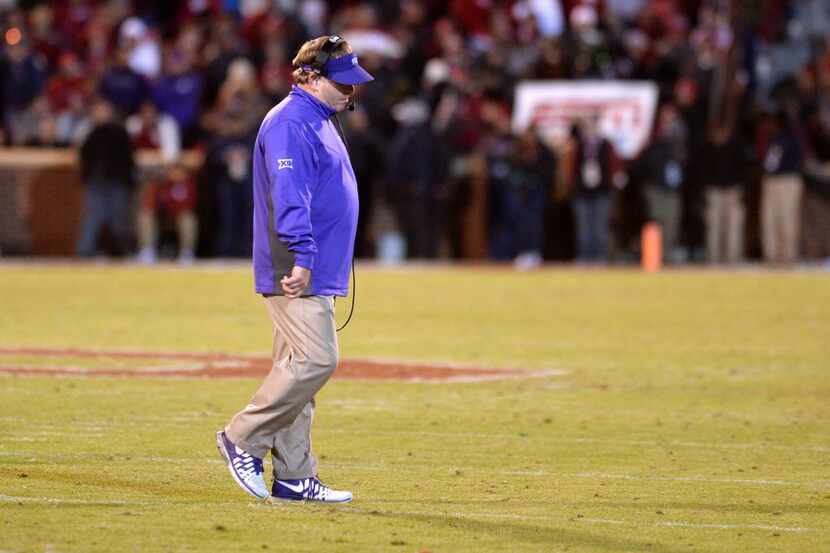 Nov 21, 2015; Norman, OK, USA; TCU Horned Frogs head coach Gary Patterson walks off of the...
