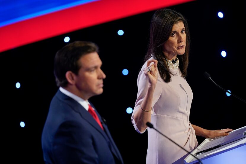 Former UN Ambassador Nikki Haley, right, and Florida Gov. Ron DeSantis, left, at the CNN...