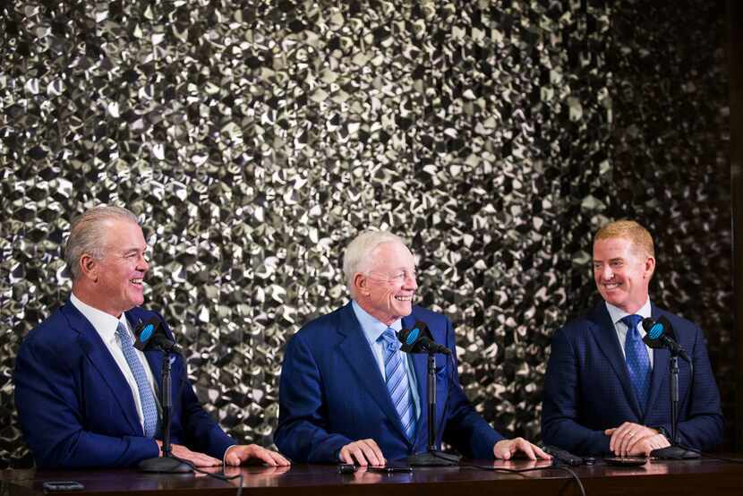 Dallas Cowboys Owner Jerry Jones, center, CEO and Executive Vice President Stephen Jones,...