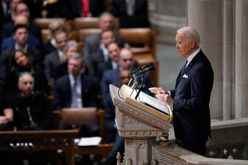 President Joe Biden speaks during a memorial service for former Defense Secretary Ash Carter...