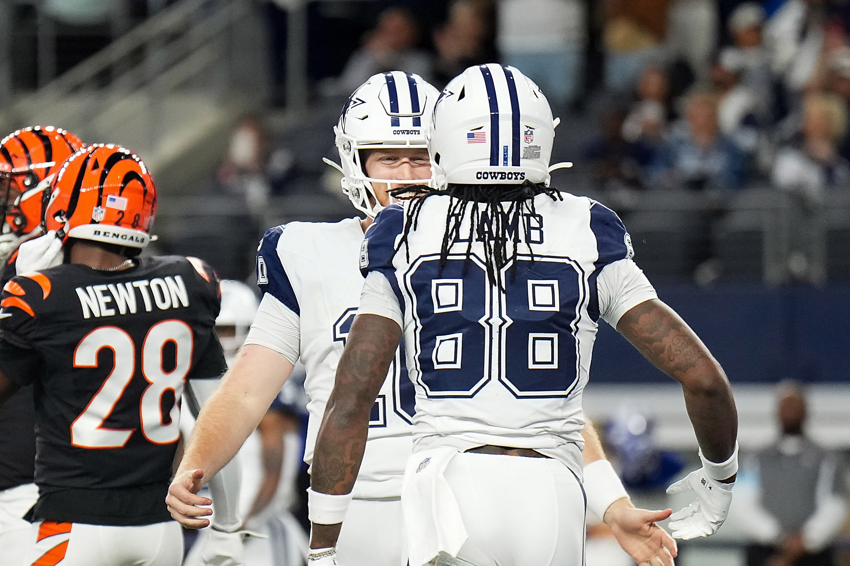 Dallas Cowboys wide receiver CeeDee Lamb (88) celebrates a touchdown reception with...