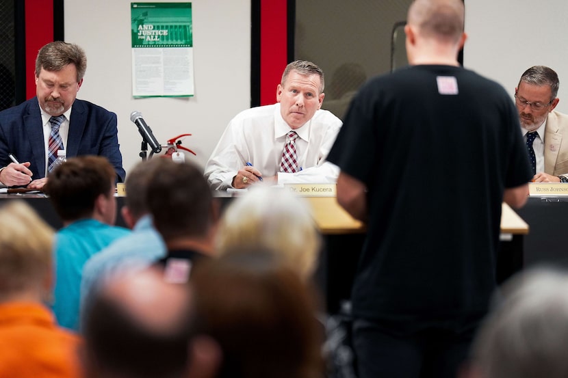 From left, Lorena ISD school board president Denny Kramer, superintendent Joe Kucera and...