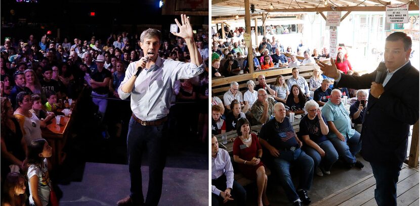 Beto O'Rourke talks to voters during a rally at the Houston Stampede Event Center in Houston...