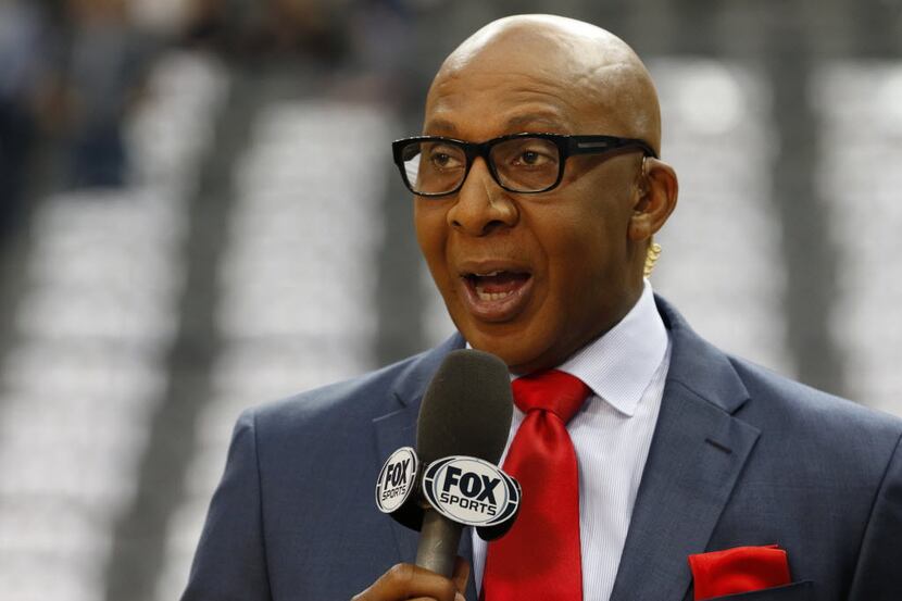 Derek Harper broadcasts before the game between the Dallas Mavericks and the Portland Trail...