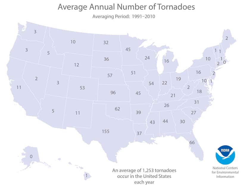 Este mapa muestra el promedio de 1,253 tornados al año en Estados Unidos.