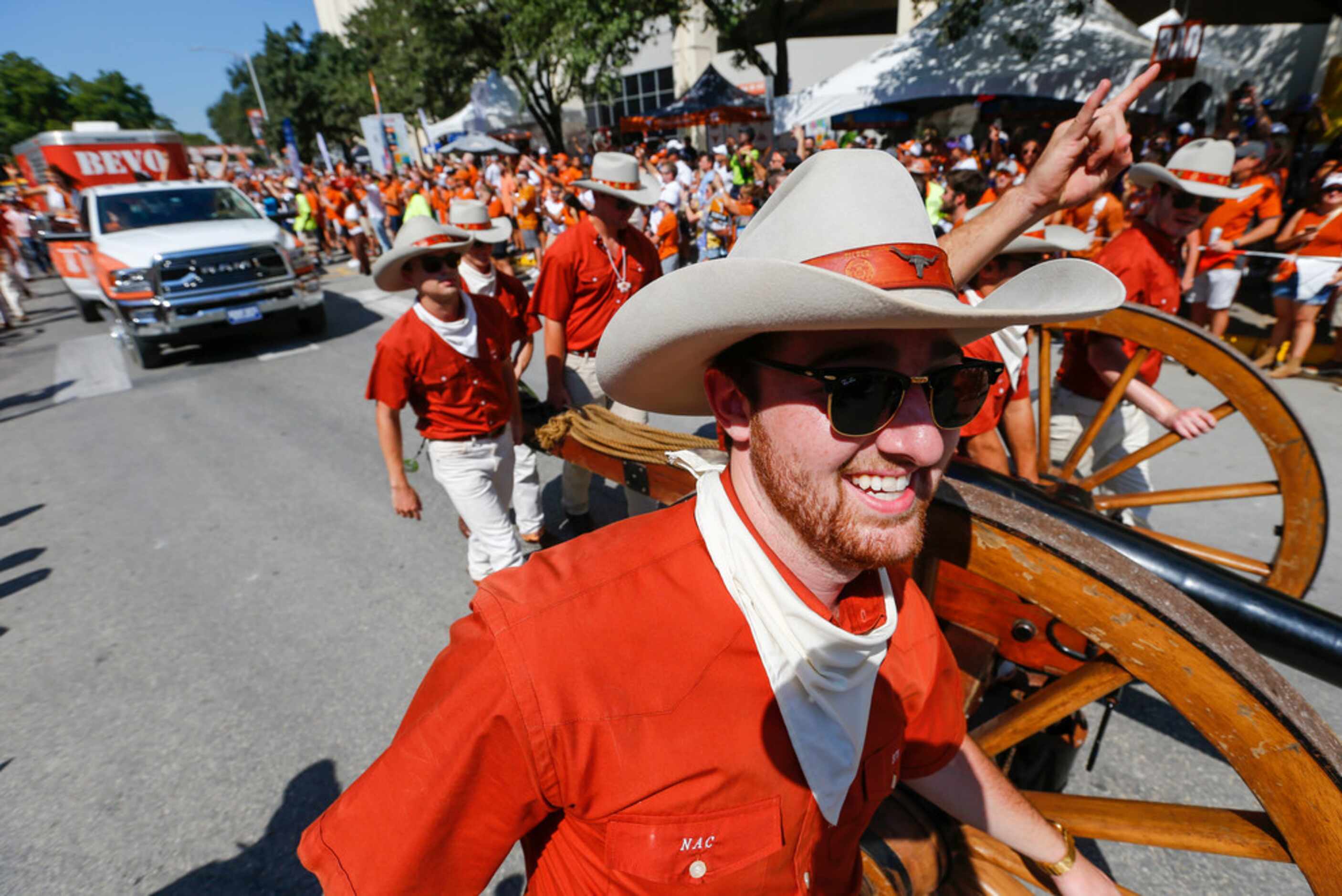 Smokey the Cannon is wheeled in during the Bevo Parade prior to a college football game...