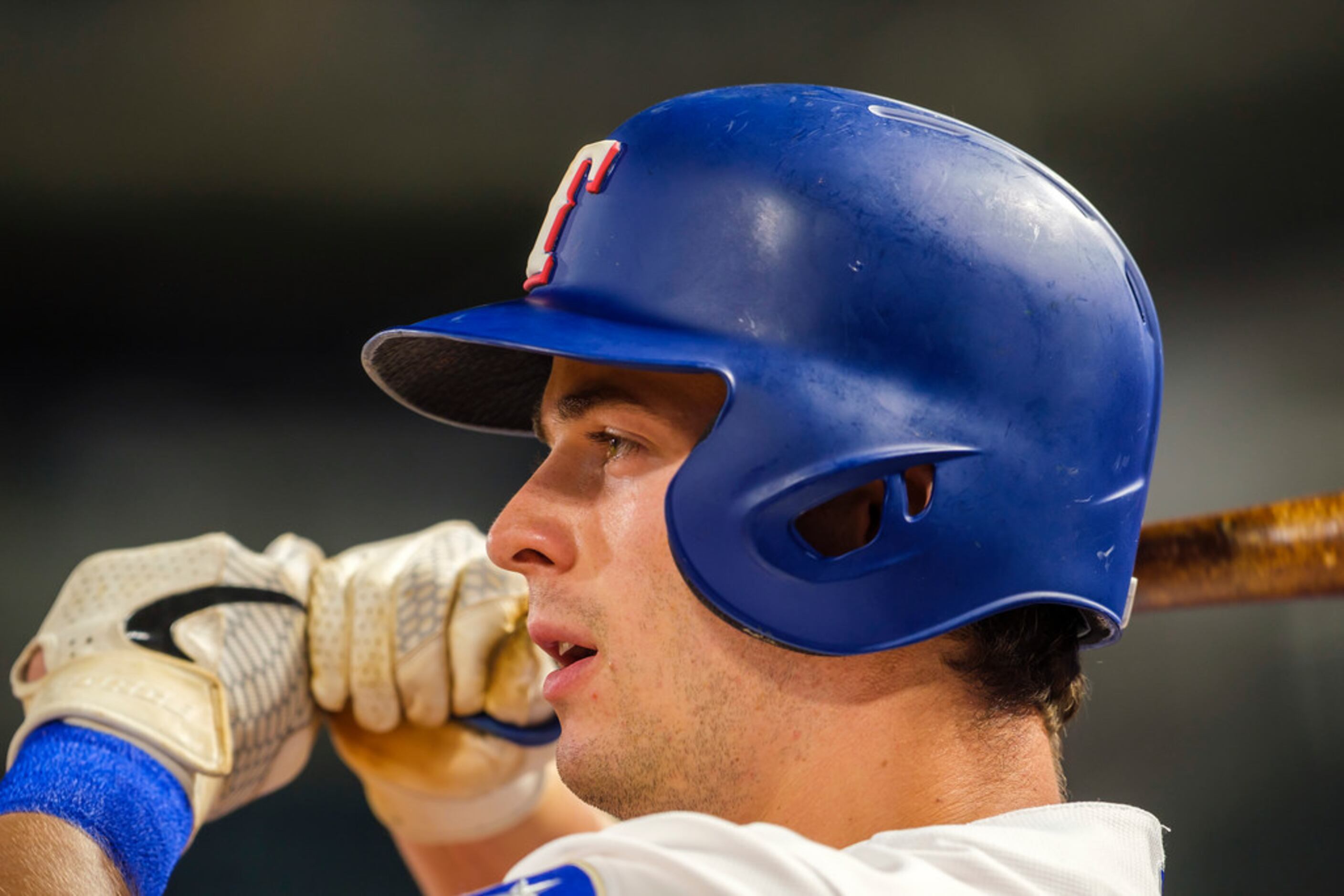 Texas Rangers infielder Nick Solak prepares to hit during the seventh inning against the...