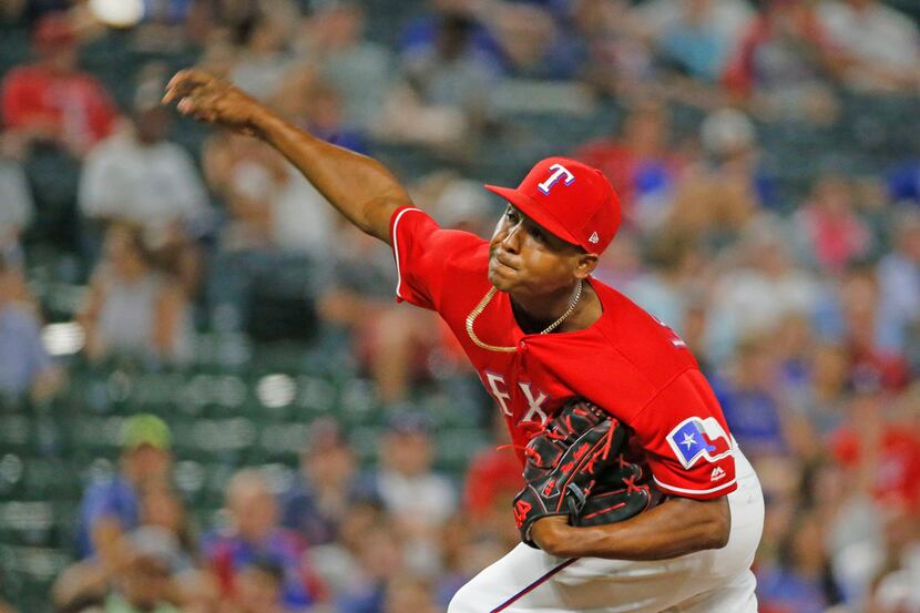 Rangers reliever Jose Leclerc (62) is pictured during a game against the Cleveland Indians...