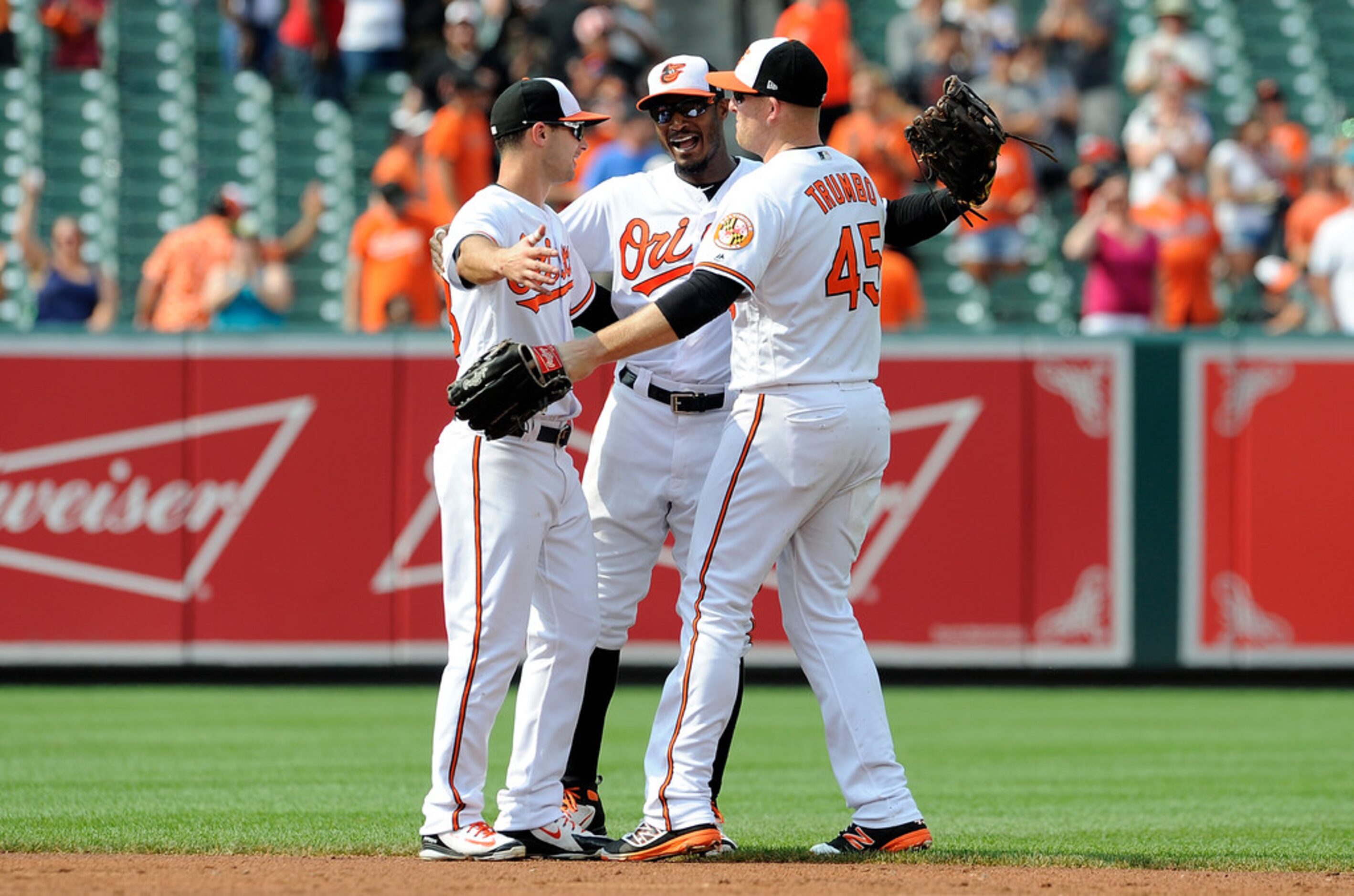 BALTIMORE, MD - JULY 15:  Joey Rickard #23, Adam Jones #10 and Mark Trumbo #45 of the...