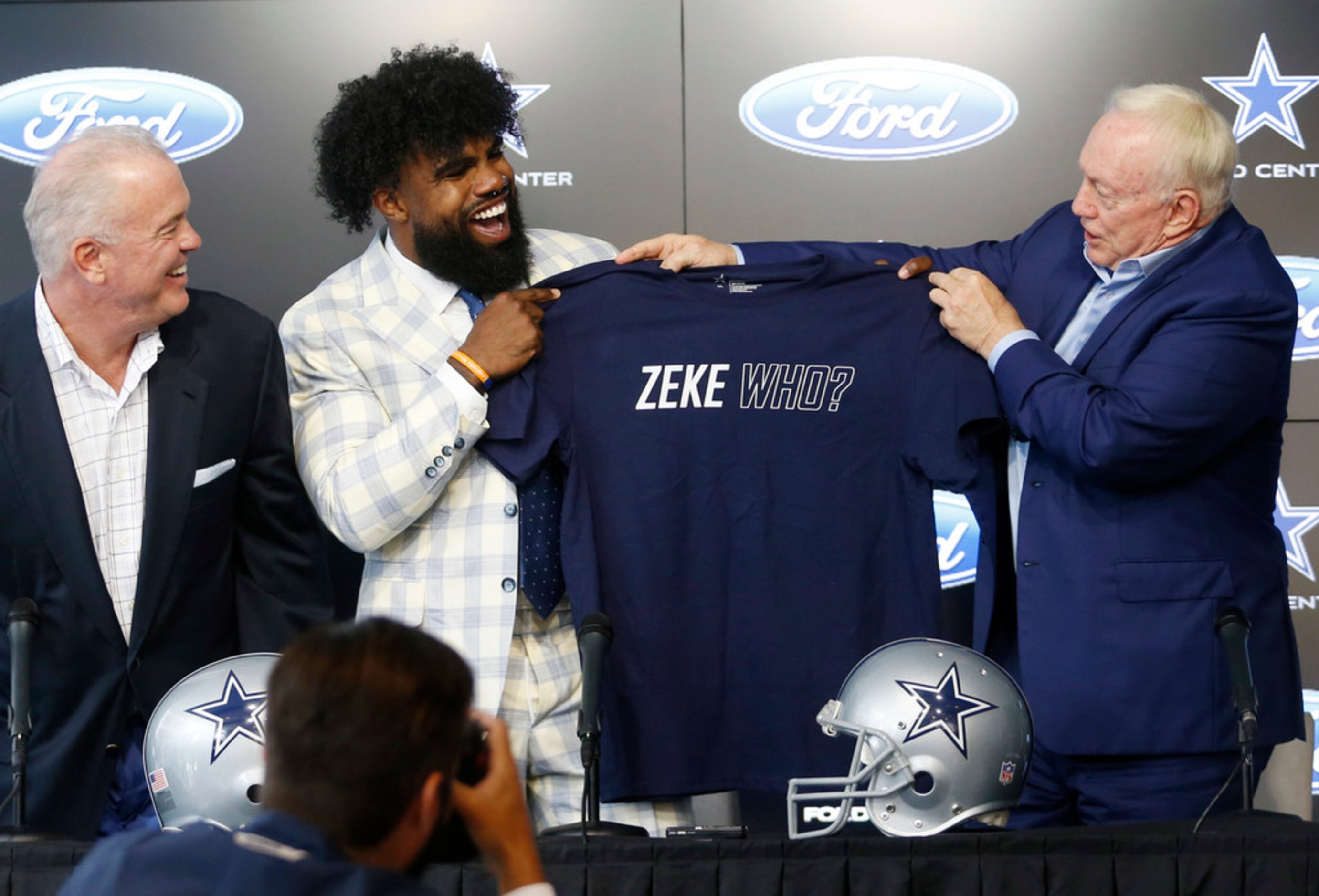 Dallas Cowboys owner and general manager Jerry Jones and Dallas Cowboys running back Ezekiel...