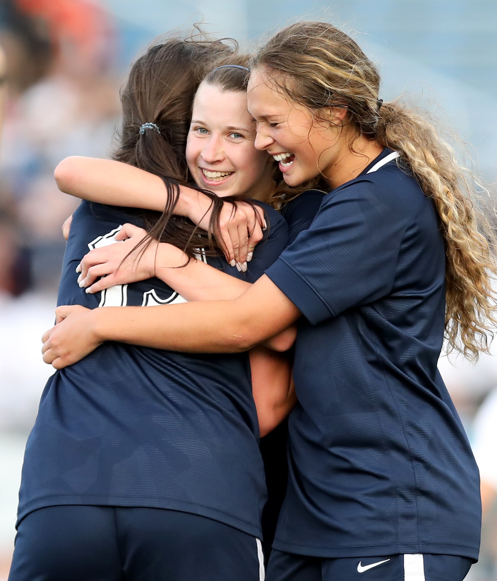 Lewisville Flower Mound players celebrate after a goal against Austin Vandegrift during...