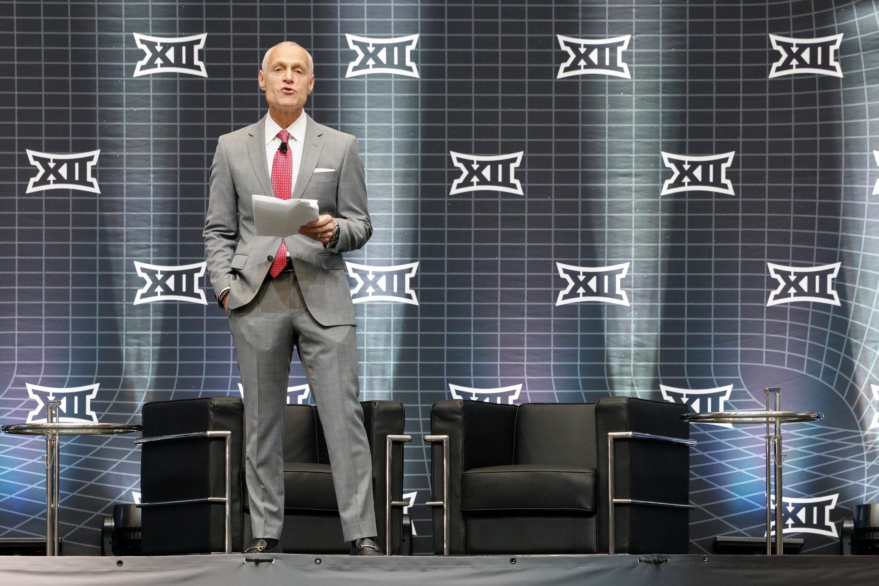 Big 12 commissioner Brett Yormark speaks during the Big 12 Media Days at AT&T Stadium,...