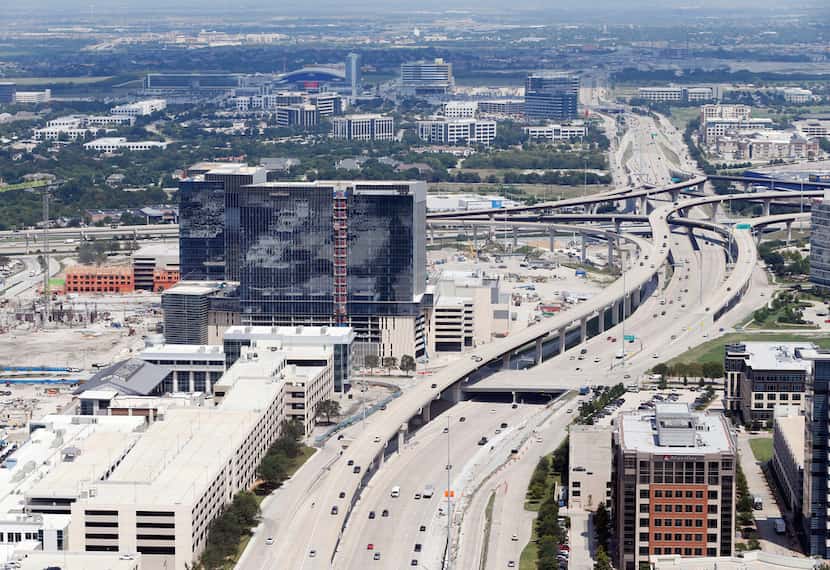 Dallas North Tollway splits Legacy West (left) and Shops of Legacy (right) in Plano.