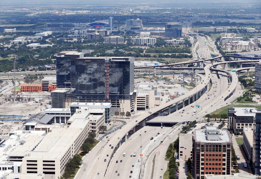 Dallas North Tollway splits Legacy West (left) and Shops of Legacy (right) in Plano.