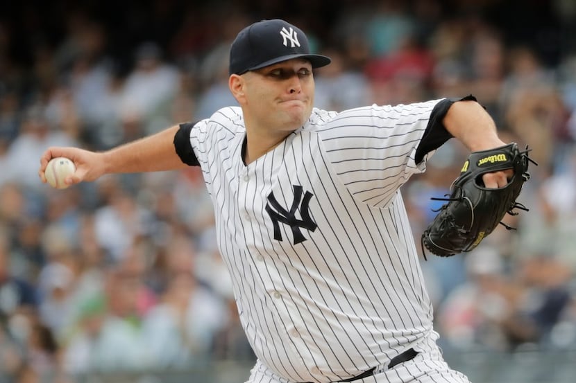 In this Sept. 22, 2018, file photo, New York Yankees' Lance Lynn delivers a pitch during the...