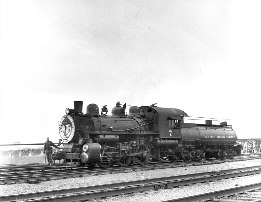 Undated photo of a locomotive on the tracks in the early days of the Dallas Union Terminal,...