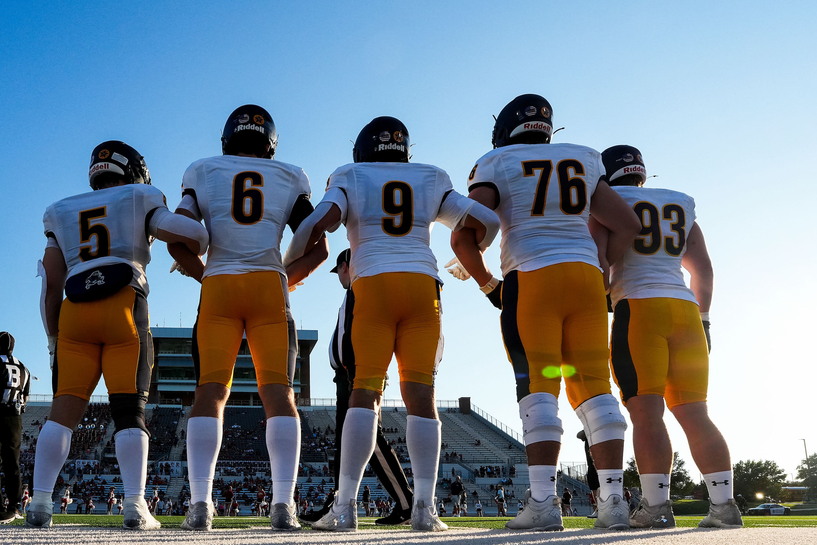 Highland Park running back James Lancaster (5), linebacker Anders Corn (6), linebacker Jack...