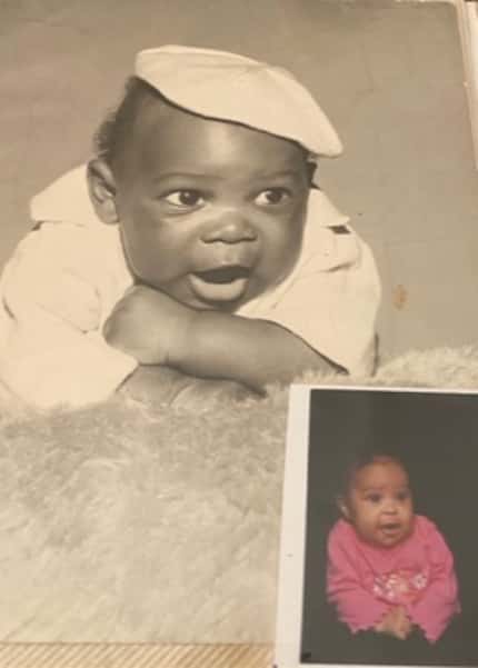 A baby photo of gymnast Konnor McClain is shown with a baby photo of her father, Marc...