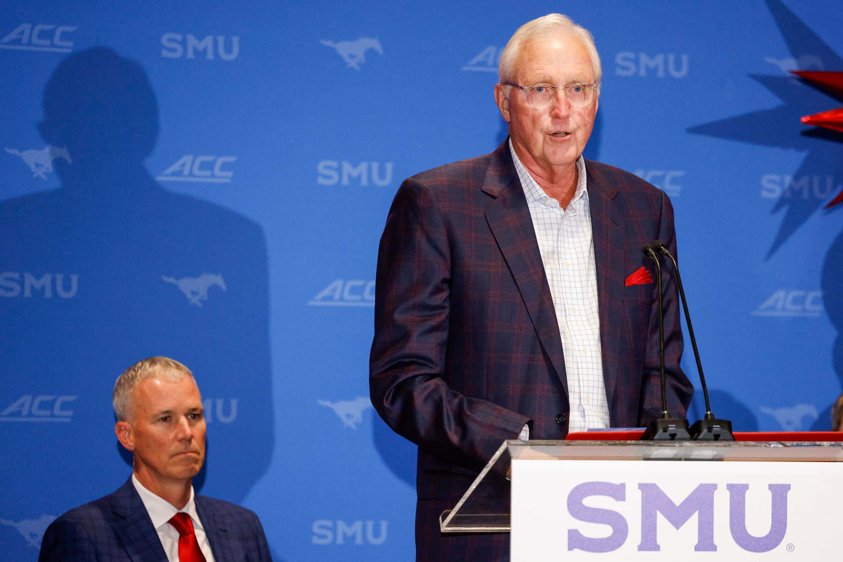 SMU board of trustees chair David B. Miller speaks during a press conference to introduce...